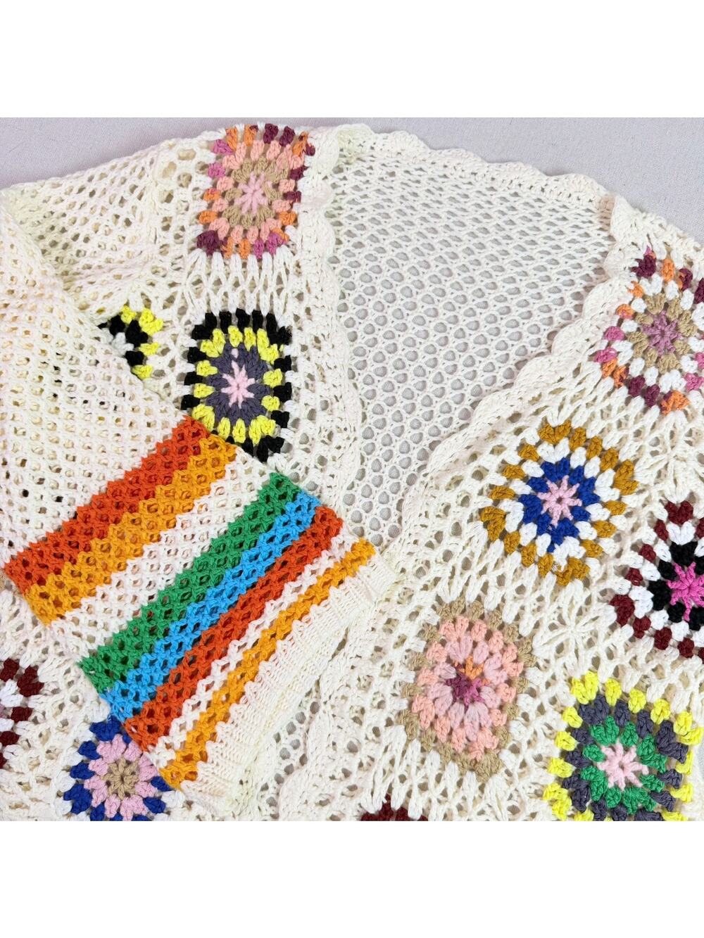 Crochet Granny Square Open Knit Cardigan Womens M Rainbow Bell Sleeve Boho Retro